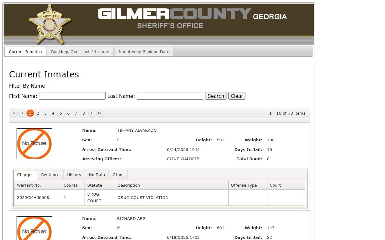 Gilmer County inmate search Offender Index roster
