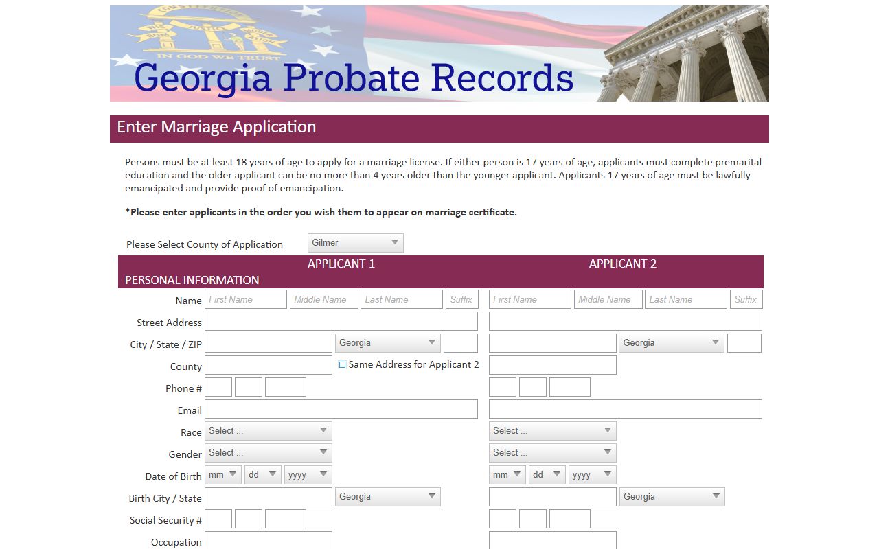 Gilmer County probate records marriage application portal